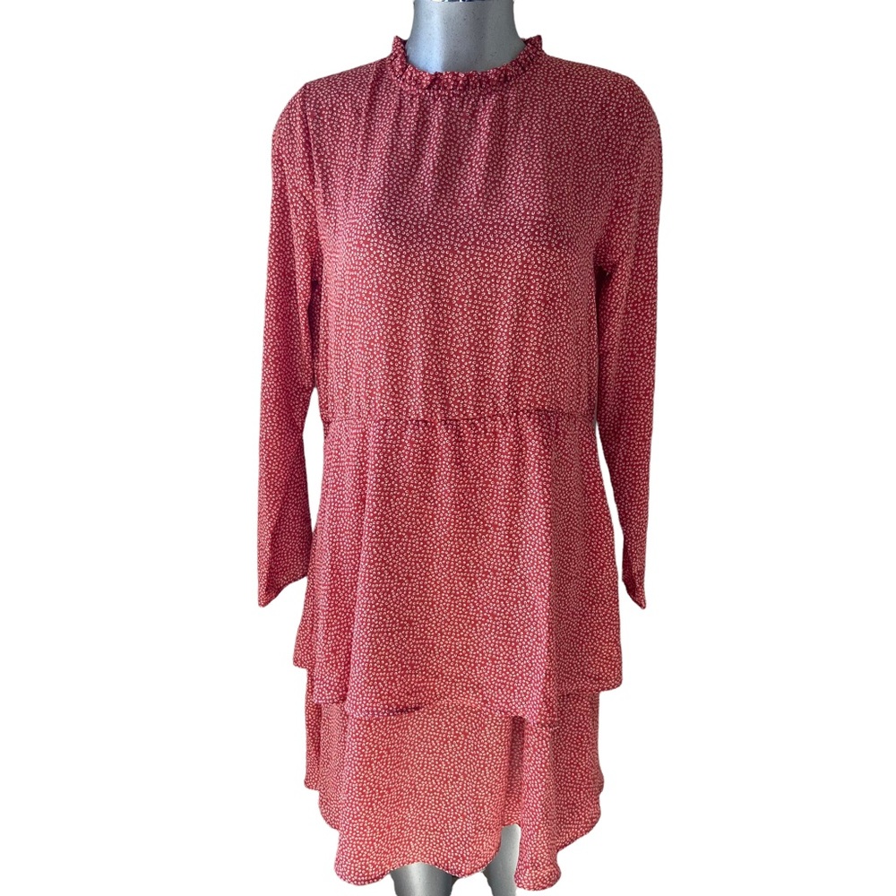 Bohemian Tiered Midi Dress Peasant Prairie Modest Ruffle Mock Neck Cottagecore L